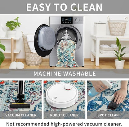 Easy-Going Area Rug 6x9 Washable Boho Rugs for Living Room Non-Slip Bedroom Rug Low Pile Lightweight Medallion Distressed Throw Rug for Dining Room Kitchen Home Office Carpet, Vintage Multi