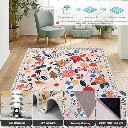 Floral Rug Door Mat Indoor Entrance 2x3 Rug Washable Small Area Rug Non-Slip Low-Pile Floor Carpet for Indoor Entryway Front Entrance Kids Room（Pink）