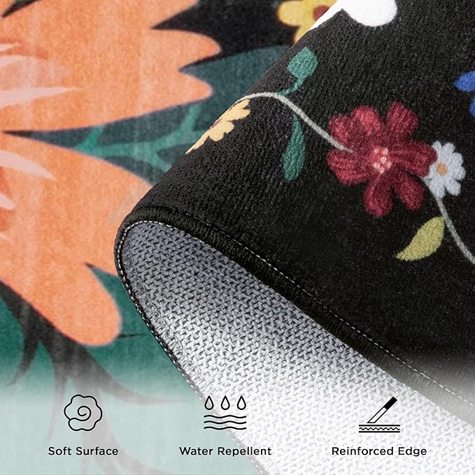 2x3 Washable Rug for Entryway, Floral Soft Small Area Rug, Non Slip Doormat Indoor Entrance Carpet, Flower Low Pile Front Door Throw Rug for Bedroom, Kitchen, Laundry, Bathroom, Black