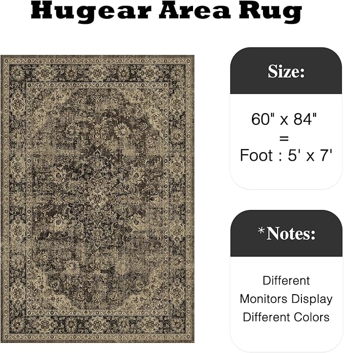 HUGEAR Retro Brown Area Rug 5x7 Machine Washable Living Room Rugs Distressed Vintage Floral Low Pile Carpet Bedroom Office Dining Room Laundry Room Non Slip Soft Lightweight