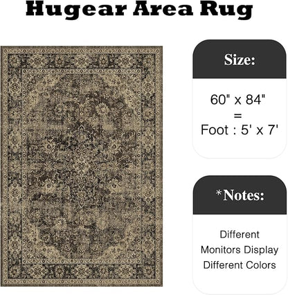 HUGEAR Retro Brown Area Rug 5x7 Machine Washable Living Room Rugs Distressed Vintage Floral Low Pile Carpet Bedroom Office Dining Room Laundry Room Non Slip Soft Lightweight