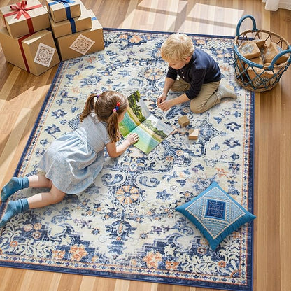 Lahome Large Area Rug 5x7 Washable Bohemian Rug for Bedroom Living Room, Medallion Non Slip Non Shedding Low Pile Printed Accent Indoor Floor Carpet for Dining Room Office Playroom, Blue Purple/Multi