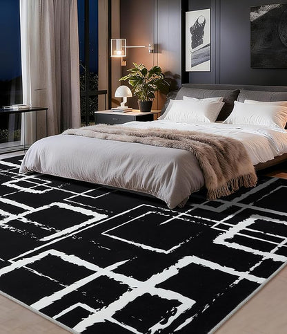 YIHOUSE Black Modern Geometric Area Rug 5x7, Black and White Rug with Abstract Rectangular Patterns,Non-Shedding Washable Rugs for Bedroom, Home Office and Small Living Room