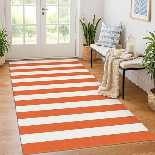 KOZYFLY Striped Outdoor Rug 4x6 Ft Orange and White Halloween Fall Hand Woven Area Rug Washable Outdoor Doormats Indoor Entrance Mat for Front Door Kitchen Entryway Patio Front Porch Decor