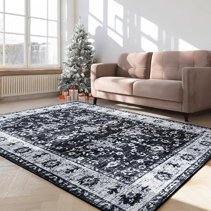 Area Rug for Living Room, 6x9 Machine Washable Non Slip Large Faux Wool Throw Rug, 0.3″ Low Pile & Non-Shedding Boho Large Carpet Rugs for for Dining Room, Bedroom, Office (Black White)