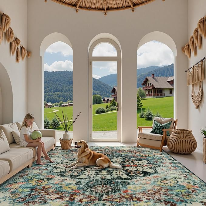 Lahome Area Rugs 9x12 Living Room Boho Washable Rugs 9x12,Large Boho Rugs for Bedroom Dining Room,Floral Soft Non-Slip Printed Low Pile Throw Indoor Floor Carpet for Nursery Kids Playroom(9x12ft,Teal)