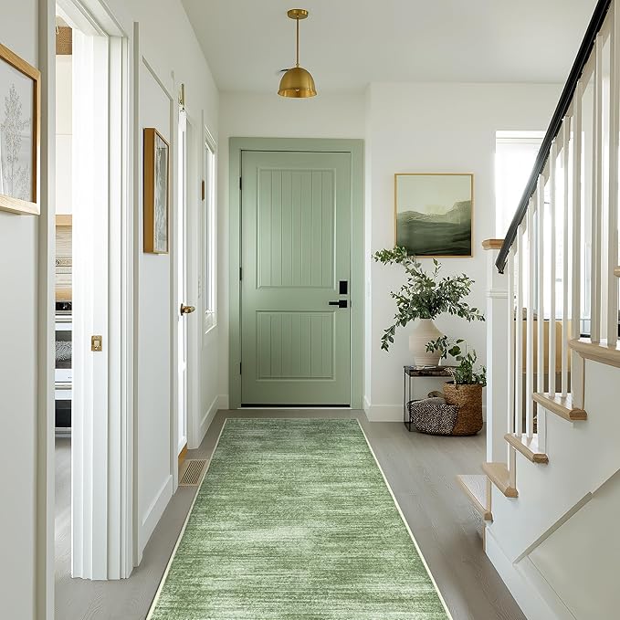 Olive Green Rug Runners for Hallways Non Slip Washable Neutral Abstract Minimalist Low Pile Floor Protector Carpet Hunter Green 3x8 Runner Rug for Laundry Room Kitchen