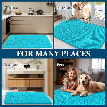 OLANLY Dog Door Mat for Muddy Paws 44x24, Absorbs Moisture and Dirt, Absorbent Non-Slip Washable Doormat, Quick Dry Chenille Mud Mat for Dogs, Entry Indoor Entryway Carpet for Inside Floor, Aqua Blue