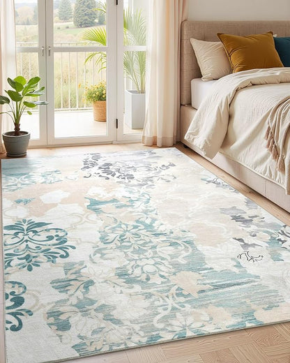 Washable Abstract Rug, 6x9 Ivory and Aqua Floral Area Rugs with Non-Slip Rubber Backed for Living Room, Low Pile Modern Throw Carpet Bedroom Dining Room Decor