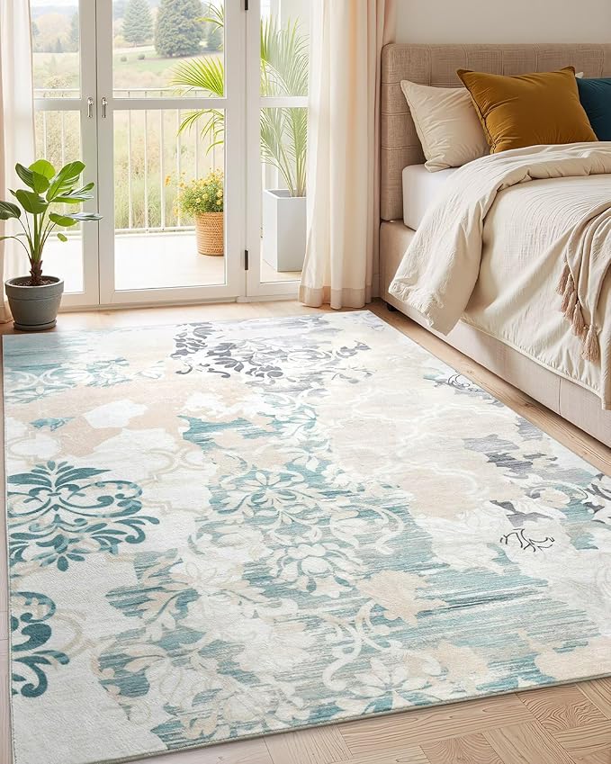 Washable Abstract Rug, 5x7 Ivory and Aqua Floral Area Rugs with Non-Slip Rubber Backed for Bedroom, Low Pile Modern Throw Carpet Kitchen Living Room Decor