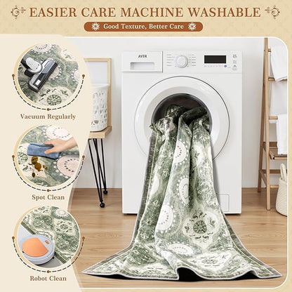 EnHomee Washable Area Rugs 4x6, Soft Area Rug for Living Room Bedroom, Boho Non Slip Low Pile Stain Resistant Washable Rug Large Carpet for Dining Room,Easy to Clean Living Room Rug, Green