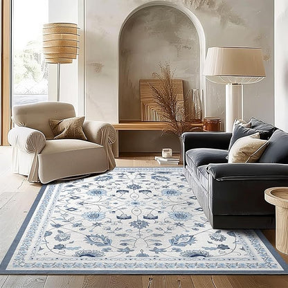 EVERGRACE Area Rugs for Living Room 6x9, Boho Floral Faux Wool Indoor Outdoor Rugs, Washable Rugs for Bedroom Dining Room Entryway Kitchen, Low Pile Floor Mat Carpet for Home Decor, Porcelain Blue