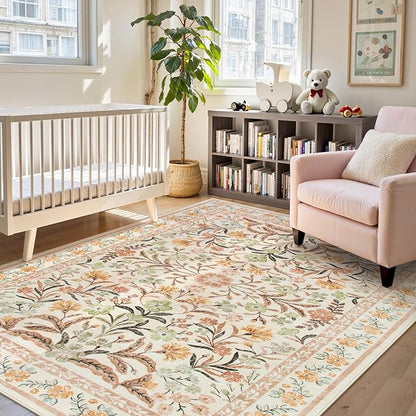 Lahome Fall Floral Washable Area Rugs 8x10, Boho Living Room Large Rugs Non-Slip for Bedroom, Soft Rubber Backed Burnt Orange Carpet for Dining Playroom Decor, Ochre Fall