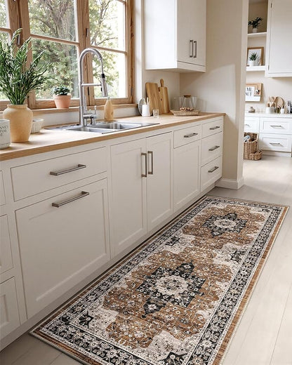 DEXI Hallway Runner Rug 3x10, Distressed Non Slip Runners Carpet, Boho Vintage Soft Thin Indoor Rug, Stain Resistant Washable Entry Mat for Entryway Kitchen Laundry Room Living Room, Brown