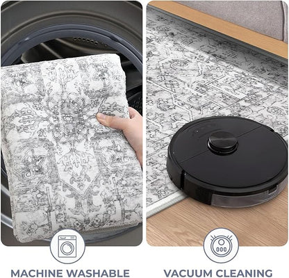 KOZYFLY Small Area Rug 2x3 Ft Rugs for Entryway Washable Boho Entry Rug Non Slip Door Mat Indoor Entrance Faux Wool Vintage Printed Kitchen Rug Throw Rugs for Entrance Kitchen, Gray