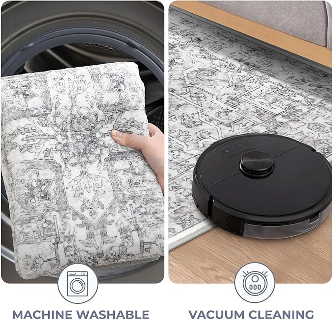 KOZYFLY Runners for Hallways 2x6 Ft Washable Kitchen Runner Rug Boho Runner Rug for Entryway Indoor Printed Oriental Faux Wool Floor Carpet Runner for Bedroom Kitchen Hall, Gray