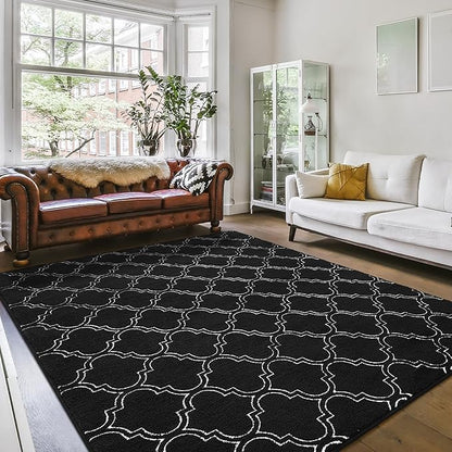 Amearea Fluffy Indoor Area Rug, Soft Trellis Moroccan Rugs for Bedroom, Shag Modern Area Rug for Living Room Kids Room Nursery, Easy Clean, Home Decor Low Pile Carpet, Black 6x9 Feet