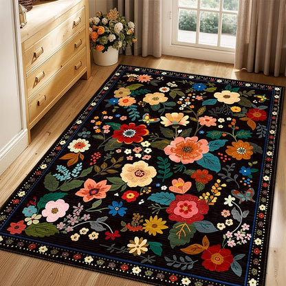Floral 4x6 Area Rug Machine Washable Soft Print Boho Carpet Non Slip Doormat Low Pile Flower Area Rugs for Living Room Bedroom Nursery Kitchen Dining Room Indoor-Black