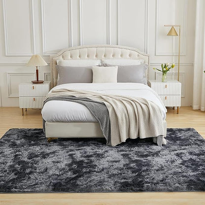 Andency 8x10 Area Rugs for Living Room, Upgrade Non-Slip Fluffy Soft Large Shag Bedroom Carpet, Tie-Dyed Dark Grey Big Indoor Thick Nursery Rug for Kids Dorm Home Decor Aesthetic