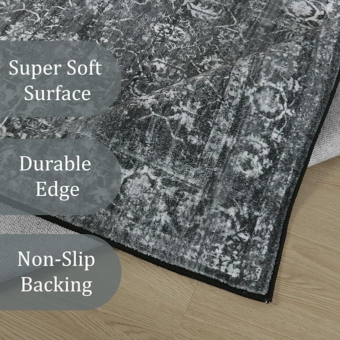 Morebes Black Vintage Rug Runners for Hallway, 2.5x8 Washable Floral Entryway Runner Rug Non Slip, Distressed Indoor Floor Carpet Runner for Kitchen Bathroom Laundry Room Bedroom