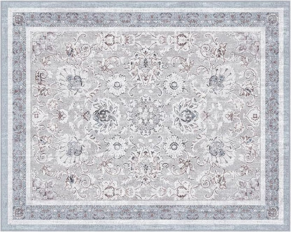 Phantoscope Washable Area Rug 8'x10' Non-Slip, Vintage Neutral Rugs for Living Room, Bedroom, Dining Room, Distressed Boho Floral Medallion Pattern, Low-Pile Foldable Floor Carpet, Light Grey/Neutral