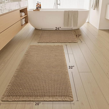 Upgraded Waffle Bath Mat Set of 2, Super Absorbent Non Slip Bath Mats for Bathroom Floor, Machine Washable Boho Bathroom Rugs Set 2 Piece with Tassels, Soft Bathroom Mat Set, 17" x 24" +20" x 32"
