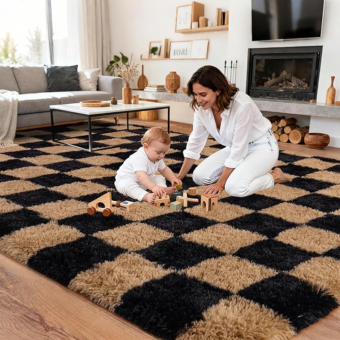 Extra Large Plush Rug High Pile Fluffy Rug for Living Room, Big Plush Non-Skid Shag Carpet, Soft Shaggy Rugs for Bedroom Indoor Modern Home Decor Grid 9x12ft