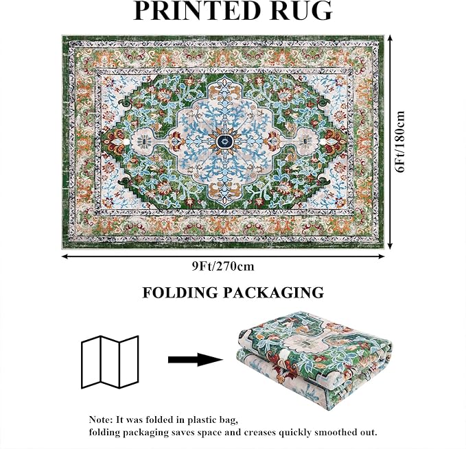 U'Artlines Boho Vintage Area Rug 6x9 Machine Washable Low Pile Soft Floor Carpet Non Slip Non Shedding Accent Rug for Living Room Bedroom Entryway Dining Room Office Green