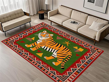 Colorful Tiger Pattern Area Rug, 5x8ft,Stylish Geometric Border Tiger Rug, Add Unique Charm To Your Home,Cute Animal Print Pattern Rugs Suitable for Children's Room Living Room Bedroom Farmhouse