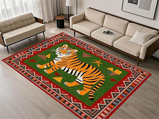 Colorful Tiger Pattern Area Rug, 5x8ft,Stylish Geometric Border Tiger Rug, Add Unique Charm To Your Home,Cute Animal Print Pattern Rugs Suitable for Children's Room Living Room Bedroom Farmhouse
