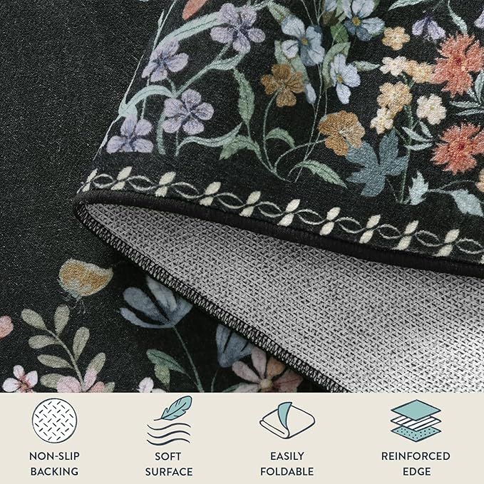 Lahome Boho Floral 2x6 Black Bathroom Runner Rugs Non Skid Washable, Rug Runners for Hallways Non Slip Kitchen Carpet Runner, Soft Runners for Entryway Laundry Bedroom(2x6ft,Black)