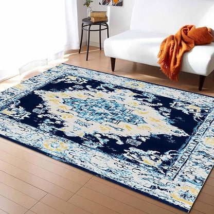 Bohemian Pattern Rectangular Area Rugs for Living Room Bedroom 3 x 5 ft Blue & Yellow Abstract Non-Shedding Soft Low Pile Rug Non Slip Washable Rug for Nursery Entryway Playroom