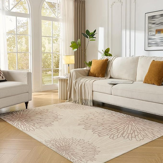 WITSHOCK 6x8 Area Rugs for Living Room: Beige Floral Washable Rugs for Bedroom Dining Room Office Nursery Modern Non-Slip Stain Resistant Low Pile Home Decor（Beige/Brown,6'x8'）