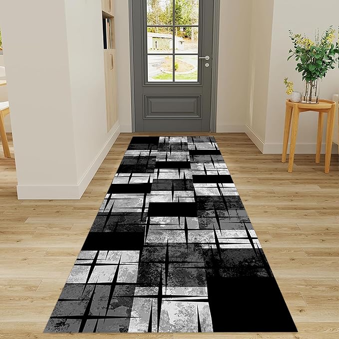 Distressed Checkered Runner Rugs, 3.3x7ft, Washable Runner Rug with Rubber Backing, Soft Vintage Geometric Black Grey Floor Carpet for Front Door Home Office