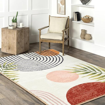 RoomTalks Mid Century Modern Washable Rug, Boho Cute Aesthetic 8x10 Area Rugs Large Carpet for Bedroom Dining Living Room Entryway Office, Contemporary Abstract Leaves Thin Pile Accent Indoor Rug