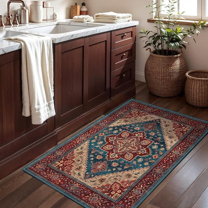 Tangsoo Vintage Small 2x3 Washable Rugs for Entryway Non-Slip Oriental Low Pile Rug for Front Door, Kitchen, Indoor, Accent Throw Small Area Rug, Door Mat for Entrance, Soft Boho Red Rug
