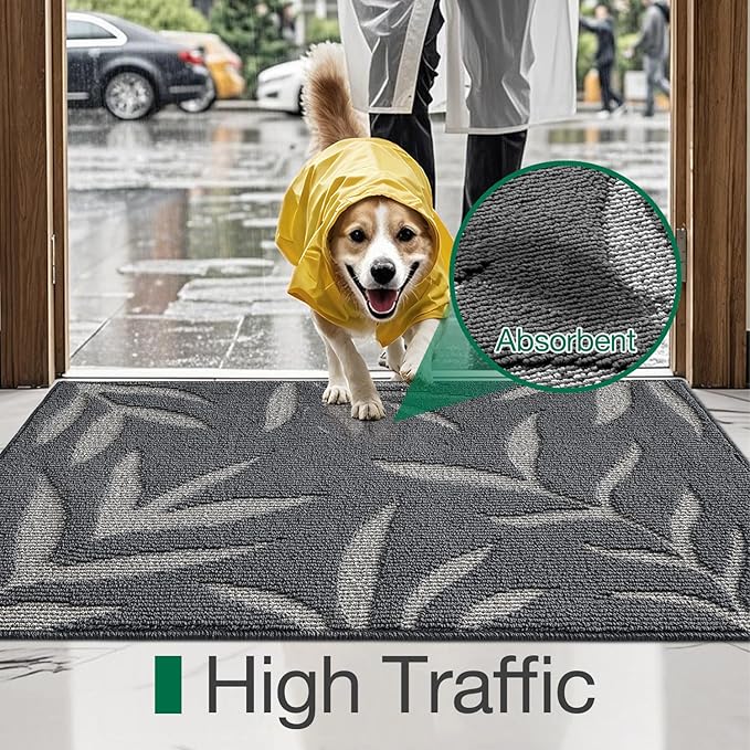 LUMI Indoor Door Mat 48x72, Washable Front Doormat with Welcome Leaf Pattern, Non-Slip Rubber Back Absorbent Mats for Entrance, Patio, Garage, Dark Grey