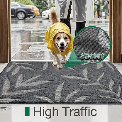 LUMI Indoor Door Mat 24x36, Washable Front Doormat with Welcome Leaf Pattern, Non-Slip Rubber Back Absorbent Mats for Entrance, Patio, Garage, Dark Grey