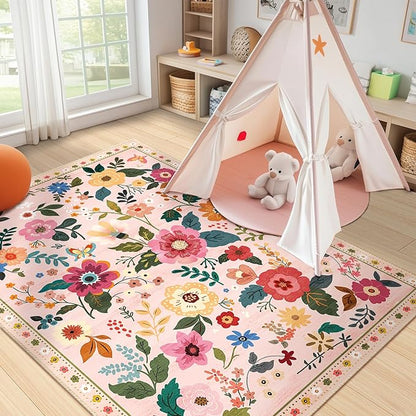 Floral 3x5 Area Rug Machine Washable Soft Print Boho Carpet Non Slip Doormat Low Pile Flower Area Rugs for Living Room Bedroom Nursery Kitchen Dining Room Indoor-Pink