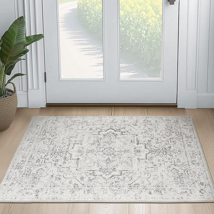 Distressed 2x3 Kitchen Rugs Washable Non Slip, Transitional Farmhouse Door Mat Indoor Entrance Entryway, Small Low Pile Rugs for Bedroom/Bathroom Vanity/Laundry Room, Off White/Light Grey
