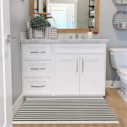 KOZYFLY Black and Beige Striped Porch Rug 2x4.3 Ft Washable Outdoor Rug Farmhouse Outdoor Doormats Front Door Striped Runner Rug for Front Door Kitchen Hallway Bedroom Laundry Room