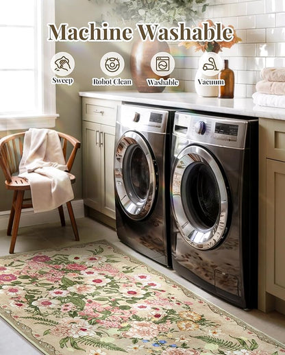 Floral Rug for Living Room - 4x6 Washable Area Rugs Non-Slip Soft Low-Pile Stain Resistant Carpet Flower Vintage Indoor Rug for Bedroom Dining Room Office Nursery Room, Brown