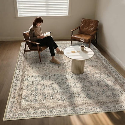 Large 8x10 Washable Area Rug for Living Room, No Shedding Vintage Floral Print Rugs Non Slip, Indoor Foldable Thin Retro Accent Carpet for Bedroom Farmhouse Dining Room Beige/Pink/Orange