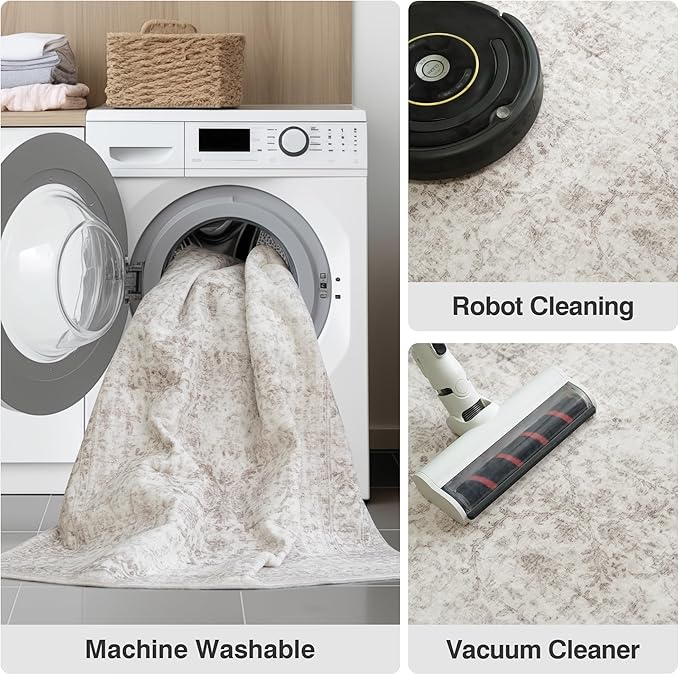 FMFUNCTEX 5x7 Washable Area Rug Neutral Vintage Beige Non Slip Low Pile Traditional Indoor Carpet for Living Room Bedroom Soft Retro Floral Mat Throw Rug for Dining Office Kitchen Dorm Entryway