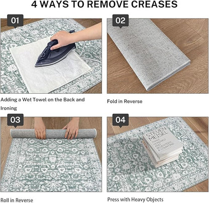 Vintage Entryway Rug 2x3 Washable, Sage Green White Kitchen Rug, Super Soft Thin Faux Wool Small Area Rug, Non-Slip Accent Mat for Foyer, Bedroom, Office