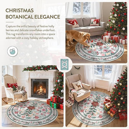 Wonnitar Christmas Decorations for Bedroom, Round Christmas Rug for Entryway Indoor, 4ft Washable Circle Rug Holiday Decor Non Slip Small Round Carpet for Living Room Kids Room Bathroom Xmas Tree