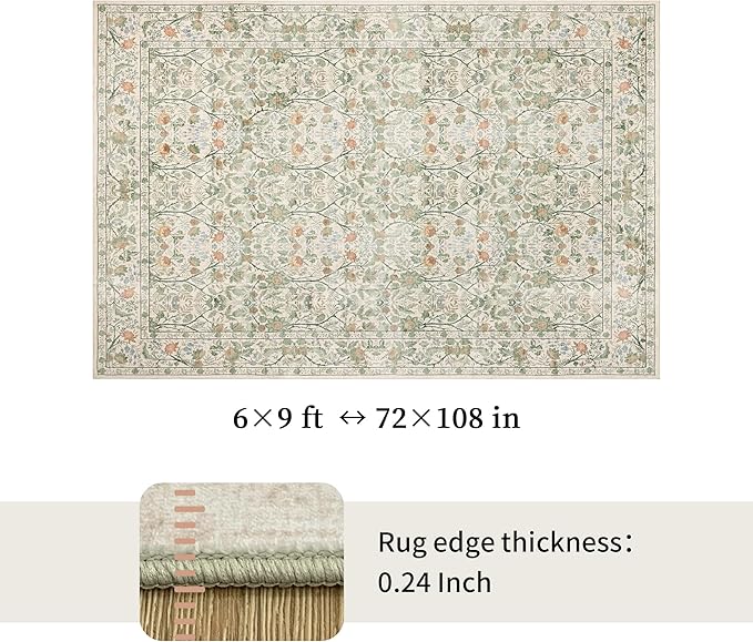 Washable Living Room Rug: 6x9 Boho Floral Soft Area Rug for Bedroom Decor - Vintage Low Pile Thin Carpet for Dining Room Non-Slip - Farmhouse Stain Resistant Rugs - Beige Green