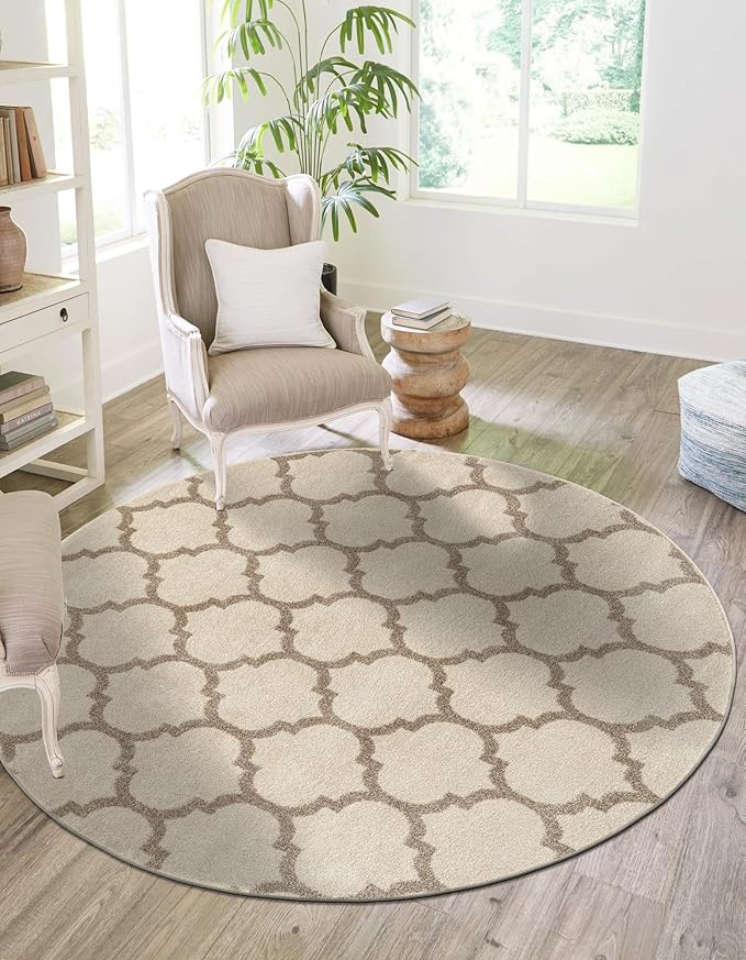 Rugs.com Lattice Collection Rug – 3 Ft Round Beige and Light Brown Medium-Pile Rug Perfect for Kitchens, Dining Rooms