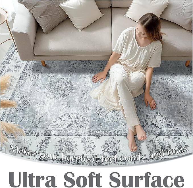 jinchan Fiora Hallway Runner Rug 3x10 Washable Runner - Vintage Floral Non Slip Low-Pile Soft Thin Faux Wool Kitchen Rug Distressed Carpet for Farmhouse Bedroom Laundry Room(3x10ft, Grey)