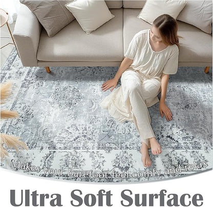 jinchan Fiora Runner Rug 2x5 Washable Hallway Runner- Vintage Floral Non Slip Low-Pile Soft Thin Kitchen Rug Distressed Carpet for Farmhouse Bedroom Entryway Laundry Room(2x5ft, Grey)